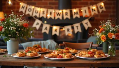 Housewarming party food display with decorative flowers