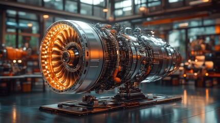 A highly detailed, 3D-rendered image of a rocket engine,