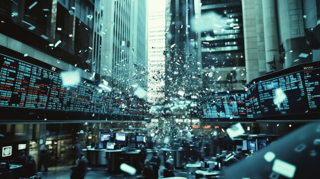 A kaleidoscope of economic symbols shatters and disperses casting haunting reflections on the faces of traders transfixed by the disaster overhead.