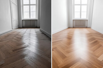 Obraz premium Wooden floor, parquet flooring before and after renovation 