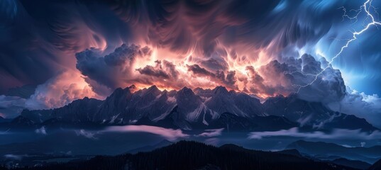 Dramatic Lightning and Mountains Under Stormy Skies for Nature-Themed Designs