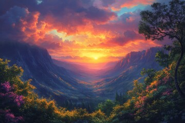 Obraz premium Vibrant sunset over mountains with colorful clouds and dramatic landscape