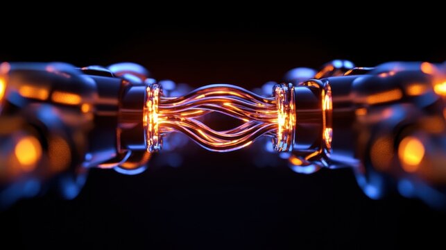 Close-up of a complex system of interconnected tubes with glowing orange and blue lights, suggesting advanced technology or machinery