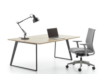 A clean and modern office desk setup featuring a rectangular desk with a light wooden top and black metal legs