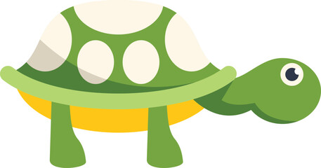This charming cartoon illustration features a cute green turtle walking slowly with white spots on its shell