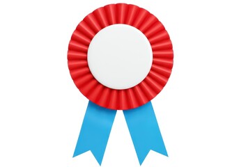 A round red ribbon rosette with a pleated edge surrounding a blank white center
