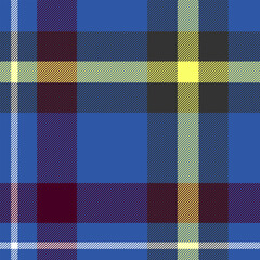 A vibrant checkered pattern featuring a classic tartan design in blue tones, accented with yellow, maroon and black lines. Ideal for use in fashion design, textile prints, home decor.