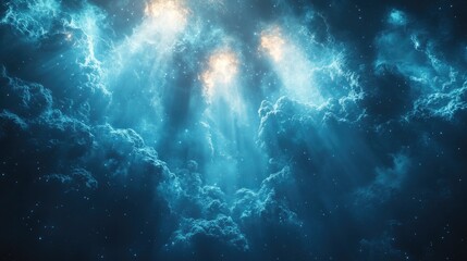 Abstract digital artwork depicting a burst of vibrant blue light radiating from a central point against a dark background,