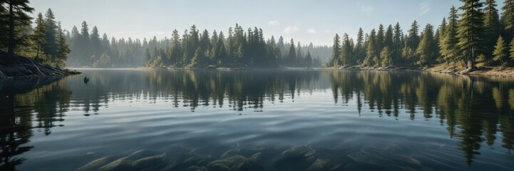 Gentle waves disturb the otherwise glassy surface of a tranquil lake , peaceful environment , underwater scene, marine life