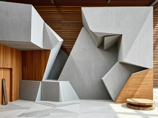 Geometric Concrete Installation with Wooden Accents, modern style, minimalist decor