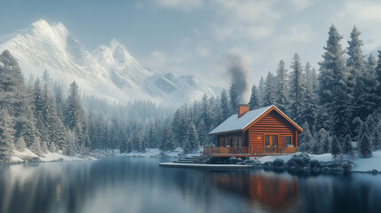 Fototapeta premium A peaceful lakeside cabin with smoke coming from the chimney, surrounded by snow-covered pine trees