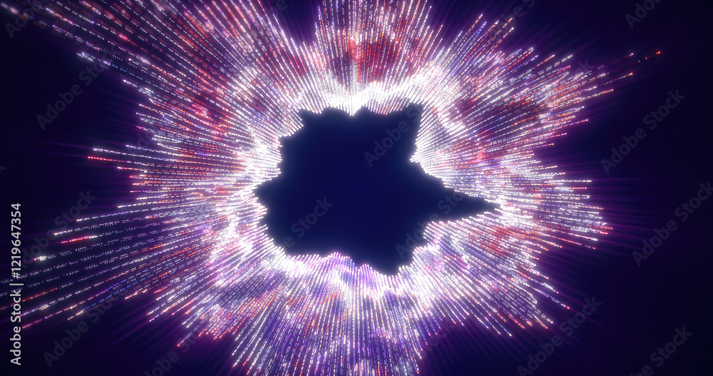 Wall mural vibrant abstract data visualization in purple hues, showcasing a radial burst of luminous light part