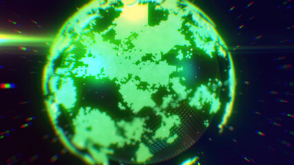 A neon green digital depiction of Earth with pixelated textures, highlighting technological innovation and a futuristic global theme background