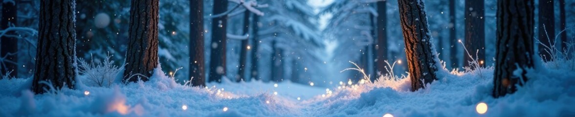 Frosty forest scene with snowflakes and twinkle lights, christmas, twinkling