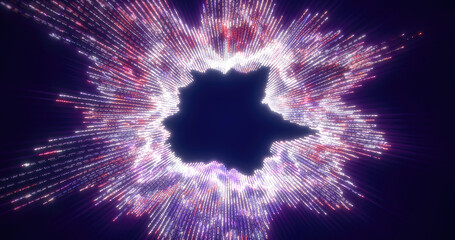 Vibrant abstract data visualization in purple hues, showcasing a radial burst of luminous light...