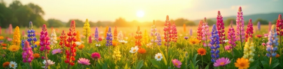 Colorful lupin blooms scatter across a sun-kissed meadow, flowers, summer landscape