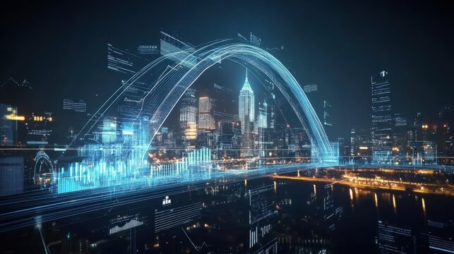 A shimmering holographic arch bridges two iconic buildings displaying a timeline of interest rate changes while figures beneath enact the direct consequences on financial decisions.