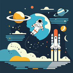 Naklejka premium An astronaut floating in zero gravity, a rocket launching, planets with rings, stars, and a crescent moon against a dark background, featuring vibrant blue, yellow, and orange tones. 