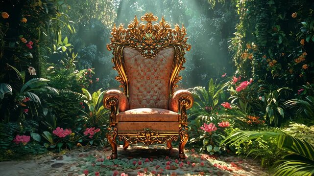 Ornate throne in lush jungle garden with sunbeams and blooming flora