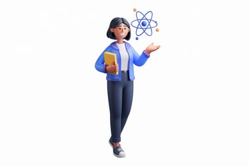 A cartoon woman in blue clothes explains science with an atomic model.