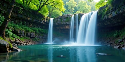 Fototapeta premium A tranquil waterfall cascades into a misty pool, mirror, calm, water
