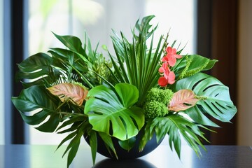 Fototapeta premium A beautifully crafted arrangement of tropical plants with lush green leaves and vibrant flowers, perfect for enhancing indoor spaces with a delightful touch of nature and tranquility