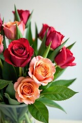 Obraz premium A bundle of fresh colorful roses and tulips with lush greenery, floral, flowers, nature