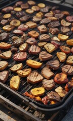 Grime-covered grill tray with burnt food residue, greasy, mottled, charred