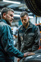 Mechanic Educating Customer on Quality Brake Pads in Professional Garage Setting