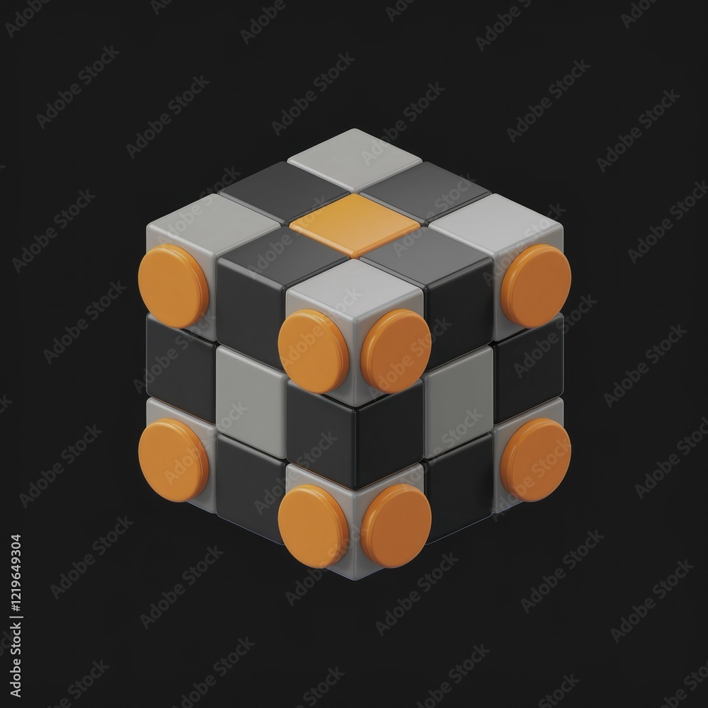Poster a 3d cube with a checkered pattern orange circles and a contrasting orange square in the center.