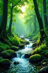 Fototapeta premium Green forest with serene river flowing through, flowing, nature