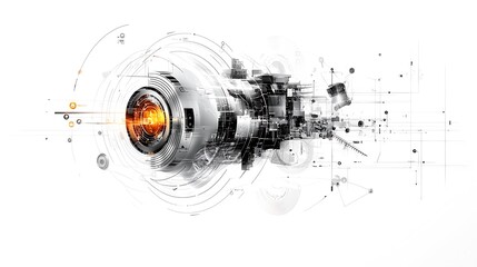 Futuristic machine engine design, technology innovation, white background, abstract circuitry