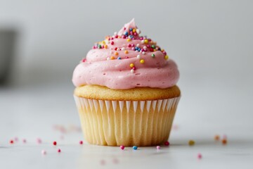 Colorful cupcake topped with pink frosting and sprinkles on a white plate against a festive background