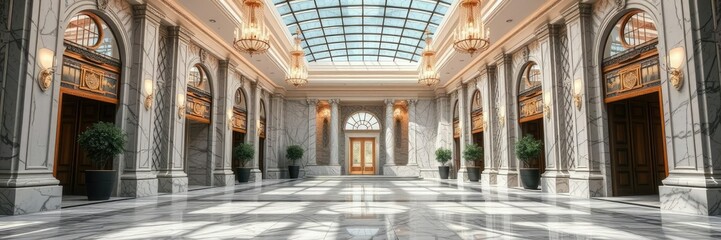 Grand entrance hall with majestic marble floor and stunning glass ceiling fixtures, luxurious lobby, lavish atmosphere