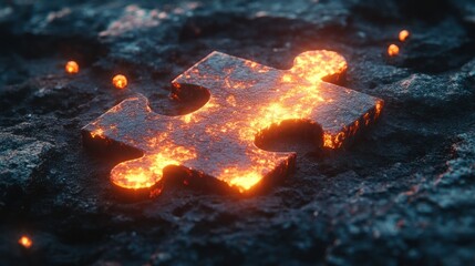 Fiery puzzle piece on volcanic rock, glowing embers