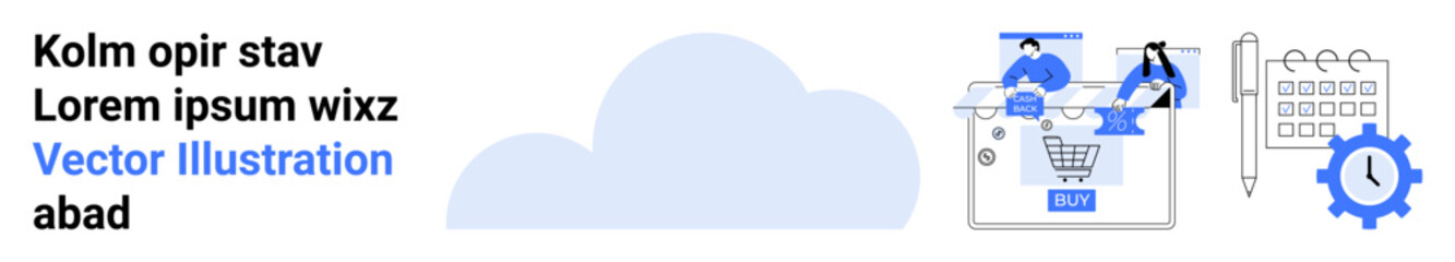 People shopping online, gear mechanism, calendar, cloud icon, and text kolm opir stav Lorem ipsum wixz Vector Illustration abad. Ideal for e-commerce, online shopping, business processes, cloud