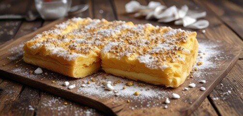 Golden faworki Polish dessert with sprinkles and powdered sugar on a rustic wooden surface, powdered sugar, baked goods