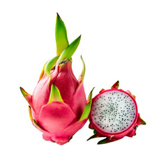 Dragon Fruit Delight: A vibrant pink dragon fruit, whole and half-sliced, revealing its white flesh speckled with tiny black seeds.  The image showcases the fruit's exotic beauty and juicy texture.