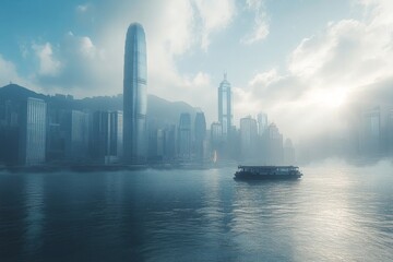 Fototapeta premium Modern skyline reflecting in tranquil waters under a blue sky with clouds