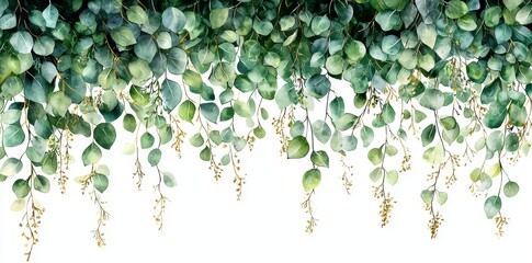 Illustration of a watercolor seamless border with green gold leaves and branches, ideal for wedding stationary, greetings, wallpapers, fashion, backgrounds, textures, DIY projects, wrappers, and