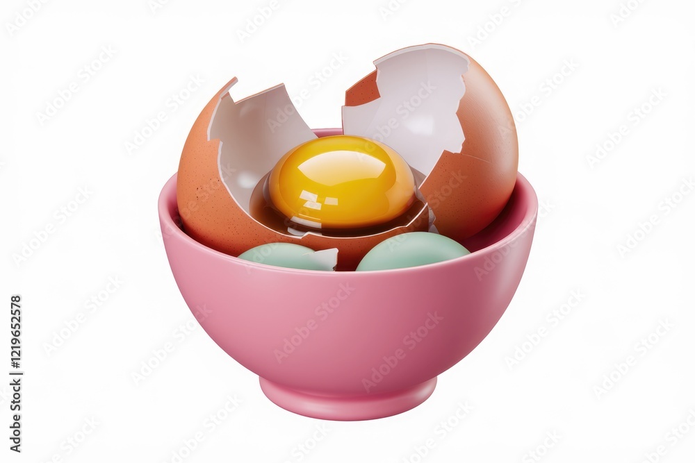Aufkleber a pink bowl contains a broken egg with a visible yolk and two whole eggs.