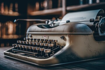 Vintage typewriter, aged and worn, sits on a wooden table in a dimly lit library, evoking nostalgia and classic writing.