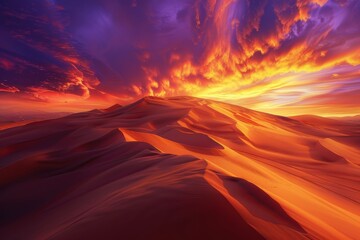 Fototapeta premium Dramatic Desert Sunset Over Towering Sand Dunes with Vibrant Orange and Purple Sky