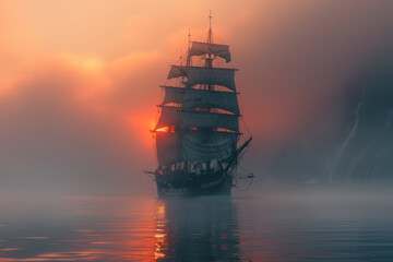 Fototapeta premium Ghostly Ship Navigates Through Misty Waters Under Eerie Red Skies
