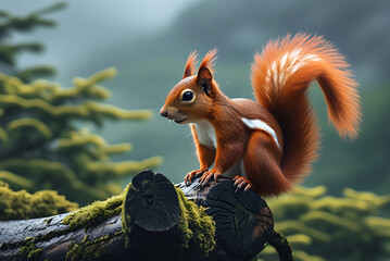 A red squirrel sits on a log in Cairngorms National Park, Scotland.