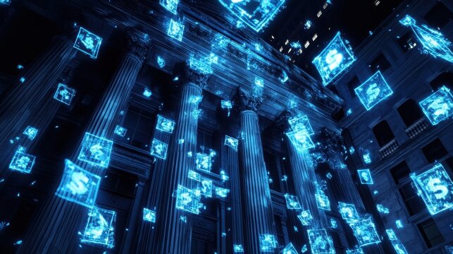 Holographic currency symbols flutter and implode in a dramatic display mirroring the haunted expressions of traders beneath the towering buildings.
