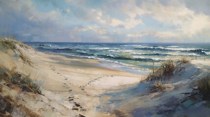 impressionism oil painting with thick impasto brush strokes of waves on a sandy beautiful beach with puffy clouds. using muted browns, blues, and white. 
