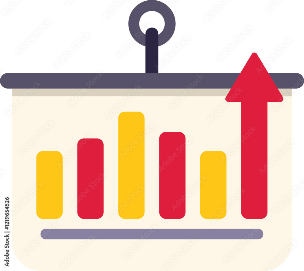 Wall mural presentation screen is showing a growing bar chart and a red arrow rising up