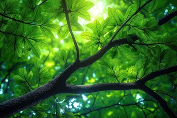 Fototapeta premium Sunlight filters through rich green leaves of tropical tree. Branches of tree extend outward, creating vibrant green canopy. Scene evokes tranquil forest environment in summer. Healthy plants with