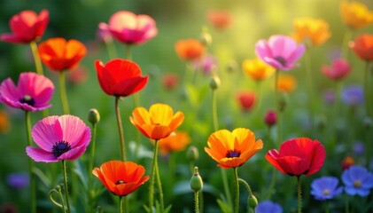 Fototapeta premium Colorful mix of cornflowers and poppies in a garden, poppy, garden